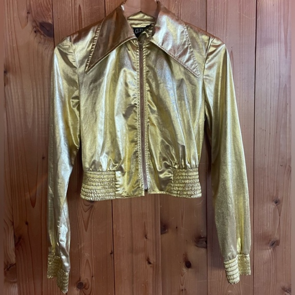 Climax for David Howard Vintage Gold Lame 70s Collared Crop Bomber Disco Jacket